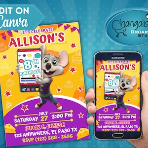 May include: A birthday party invitation featuring a cartoon mouse holding a smartphone with the text "8th Birthday!" on the screen. The invitation is yellow and purple with the text "Allison's" and party details.