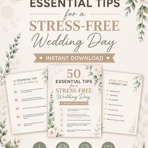 May include: A digital document titled 50 Essential Tips for a Stress-Free Wedding Day, featuring floral illustrations, a list of numbered advice points, and icons for instant download, printable PDF, and ease of use on a light beige background.