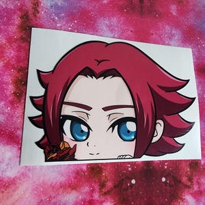 May include: A white sticker featuring a cartoon character's face with red hair and large blue eyes. The character is peeking out from behind an unseen object. The background is a pink and purple galaxy design.