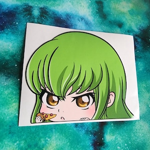 May include: A sticker featuring an anime-style character with green hair and large brown eyes. The character is eating a slice of pizza. The sticker has a white border and is set against a teal and blue background.