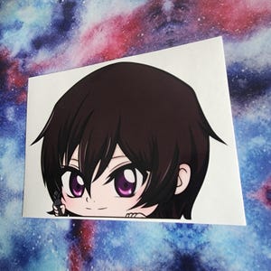 May include: A white sticker featuring a stylized anime character with dark brown hair and large purple eyes. The character's face is partially visible, with a subtle smile. The sticker has a glossy finish and is set against a colorful, galaxy-themed background.
