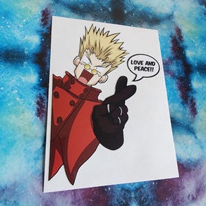 May include: A cartoon illustration of a character with spiky blond hair wearing a red coat and black gloves. The character is making a peace sign with their right hand and a speech bubble above their head says "Love and Peace!"