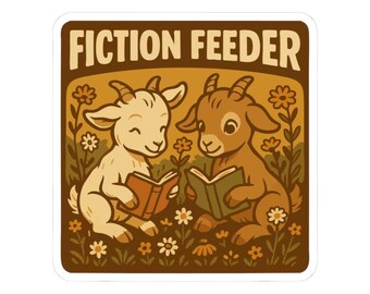 Könnte beinhalten: Ein quadratischer Aufkleber mit dem Text "FICTION FEEDER" über einer Illustration von zwei Ziegen, die in einem Blumenfeld Bücher lesen. Eine Ziege ist cremefarben, die andere braun. Der Hintergrund ist in warmen Erdtönen gehalten.