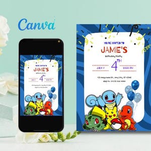 Invito di compleanno Pokemon / Invito per festa di 4° compleanno / Modello Canva modificabile / Download immediato / Varianti rosse e blu