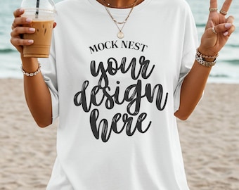 White C1717 Mockup Comfort Colors T-shirt Mockup Summer Mocks Model Mockup C1717 Shirt Mock White Comfort Colors Mockup Beach Mocks