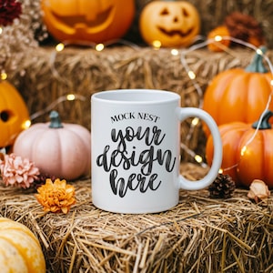 May include: White ceramic mug with the text "MOCK NEST your design here" in black script. The mug is surrounded by pumpkins, gourds, and fall foliage on a bed of hay. Decorative lights are strung in the background.