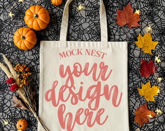 Natural Tote Autumn Mockup Tote Bag Mockup Spooky Fall Bag Mocks Natural Bag Mock Halloween Mock Autumnal Aesthetic Tote Mock Pumpkins