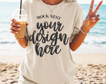 Sand Gildan 5000 Mockup Sand T-shirt Mockup Summer Mocks Model Mockup Gildan 5000 Sand Shirt Mockup Beach Mocks G5000