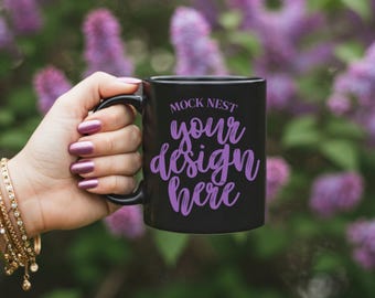 Black Mug Mockup Coquette Black Ceramic Mug Mockup 11oz POD Coffee Cup Cottagecore Aesthetic Mock Flower Garden Ceramic Mug Summer Lilac