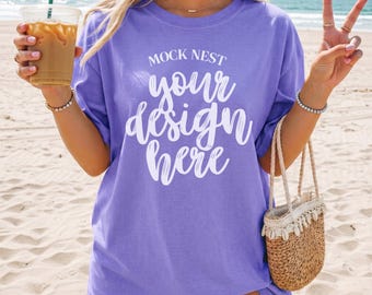 Violet C1717 Mockup Comfort Colors T-shirt Mock Summer Mocks Beach Mock-up