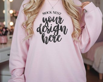 Light Pink 18000 Mockup Gildan Pink Sweatshirt Mock Model Mockup Gildan Light Pink 18000 Gildan Mockup Coquette Aesthetic Soft Girl Mocks