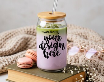 Bookish Glass Can Beach Mock up 16 oz Glass Beer Can Mock Cottagecore Sipper Glass Mocks ups Cozy Spring POD Mock-ups Book Lover Vintage