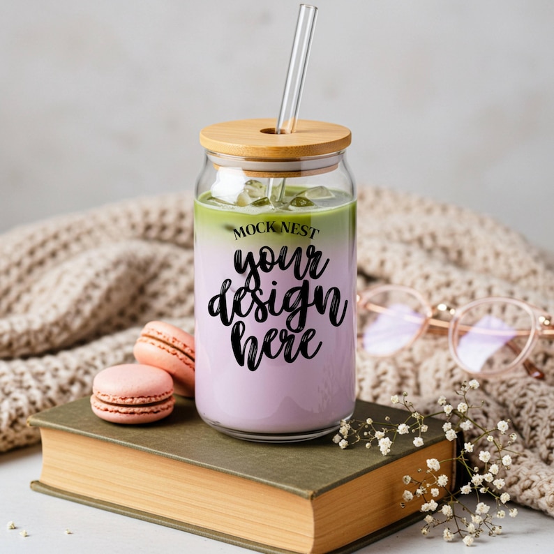May include: A clear glass tumbler with a bamboo lid and a glass straw, filled with a layered drink. The drink has a green top and a lavender bottom, with the text "MOCK NEST your design here". Two pink macarons and a book are in the foreground.