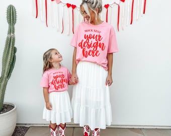 Light Pink G5000 Cowgirl Valentine's Family Mockup Cowboy Gildan 5000 T-shirt Mock Mom and Kid V-Day Mockup February Mocks Coquette