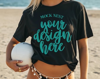 Black Gildan 5000 Mockup BlackT-shirt Volleyball Player Summer Mocks Clean Girl Mocks G5000 Black Shirt Mock Beach Volleyball Girl Mock-up