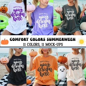 May include: A collection of t-shirts in various colors, each featuring the text "MOCK NEST your design here." The image also includes pumpkins and the text "COMFORT COLORS SUMMERWEEN 11 COLORS, 11 MOCK-UPS."