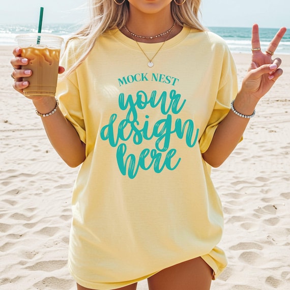 Butter C1717 Mockup Comfort Colors T-shirt Mockup Summer Mocks Model Mockup C1717 Shirt Mock Butter Yellow Comfort Colors Beachy Mockup