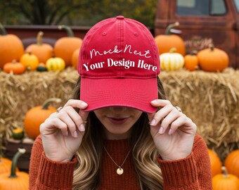 Cranberry Hat Mockup Autumn Dad Hat Mocks Yupoong 6245CM Cranberry Halloween Mockup Dad Cap Mock Spooky Trucker Hats Mockup for Fall