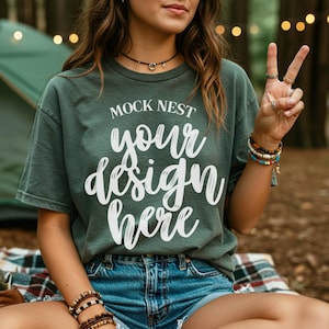 Moss Comfort Colors 1717 Mockup Camp Comfort Color Moss Granola Girl Outdoory Mockup Summer Mocks Moss C1717 Camping Mockup Forest Hike