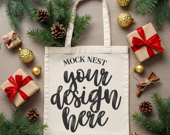Natural Tote Christmas Mockup Tote Bag Mockups Cinnamon Spice Winter Bag Mocks Natural Bag Mock Classy Xmas Holiday Mock-ups Gift