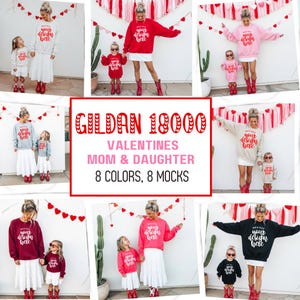 Könnte beinhalten: Eine Collage von Mockups mit passenden Sweatshirts für Mütter und Töchter. Die Sweatshirts sind in verschiedenen Farben erhältlich, jedes mit dem Text "your design here". Das Bild enthält den Text "GILDAN 18000 VALENTINES MOM & DAUGHTER 8 COLORS, 8 MOCKS".