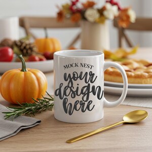 Op de afbeelding: Witte keramische mok met de tekst "MOCK NEST your design here" in zwart schrift. De mok staat op een houten tafel met een gouden lepel, een kleine pompoen en rozemarijn. Een taart en bloemen staan op de achtergrond.