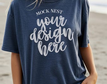 Navy C1717 Mockup Comfort Colors T-shirt Mockup Beach Mocks Model Mockup C1717 Shirt Mock Navy Comfort Colors Beachy Mockup Aesthetic Mocks