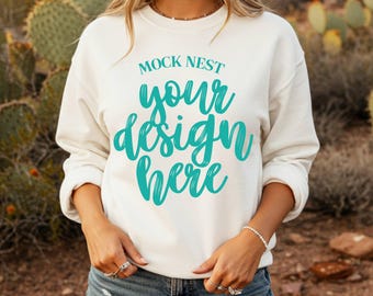White 18000 Cowgirl Mockup Gildan White Sweatshirt Mockup Western Mockup Gildan White 18000 Desert Mockup VintageCowgirl Glam Mock