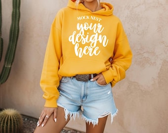 Maqueta de sudadera con capucha Gildan 18500 de vaquera bohemia dorada G18500, maqueta de sudadera Clean Girl