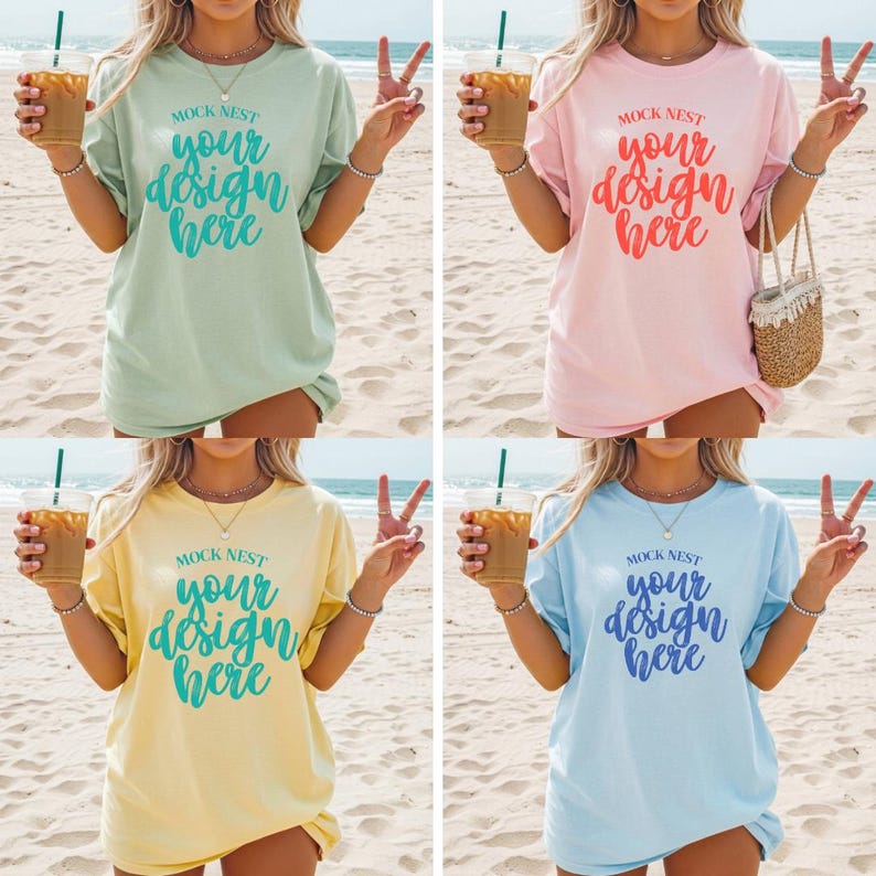 May include: Four pastel-colored t-shirts with the text "MOCK NEST your design here". The shirts are light green, pink, yellow, and blue. Each person is holding a beverage with a straw and making a peace sign.