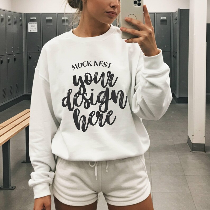 White 18000 Mockup Gildan White Sweatshirt Mockup Gildan White 18000 Gildan Mockup Gym Girl Mocks Clean Girl Aesthetic Workout Mock image 1