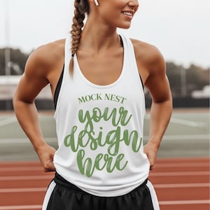 May include: White athletic vest with the text "MOCK NEST your design here" in green script. The vest has a racerback design and is worn with black athletic shorts. The image is taken outdoors.