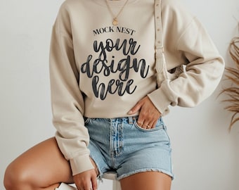 Sand 18000 Mockup Gildan Sand Sweatshirt Mock Clean Girl Mockup Gildan Sand 18000 Gildan Mockup Cowgirl Mocks Boho Aesthetic