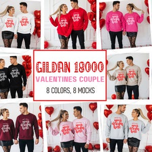May include: A collage of couples wearing matching sweatshirts in various colors, each with the text "your design here." The sweatshirts are shown in white, red, pink, black, burgundy, light pink, and gray. Heart-shaped balloons are in the background.