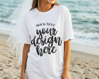 White C1717 Bride Mockup Wedding T-shirt Mockup Summer Mocks Bridal Mockup C1717 Shirt White Comfort Colors Bachelorette Mockup Beach Mocks