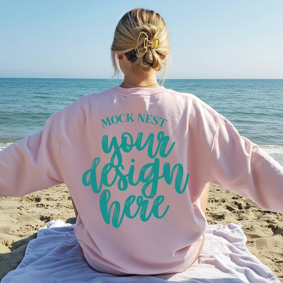 Light Pink Gildan 18000 Back Mockup Gildan Summer Mockup Sweatshirt Back Side Mockup Gildan Light Pink G18000 Back Beach Mockup Ocean