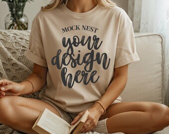 Sand G5000 Mockup Gildan Black T-shirt Mockup Reading Model Mockup Sand Gildan 5000 Mockup Bookish Aesthetic Mocks Book Reader