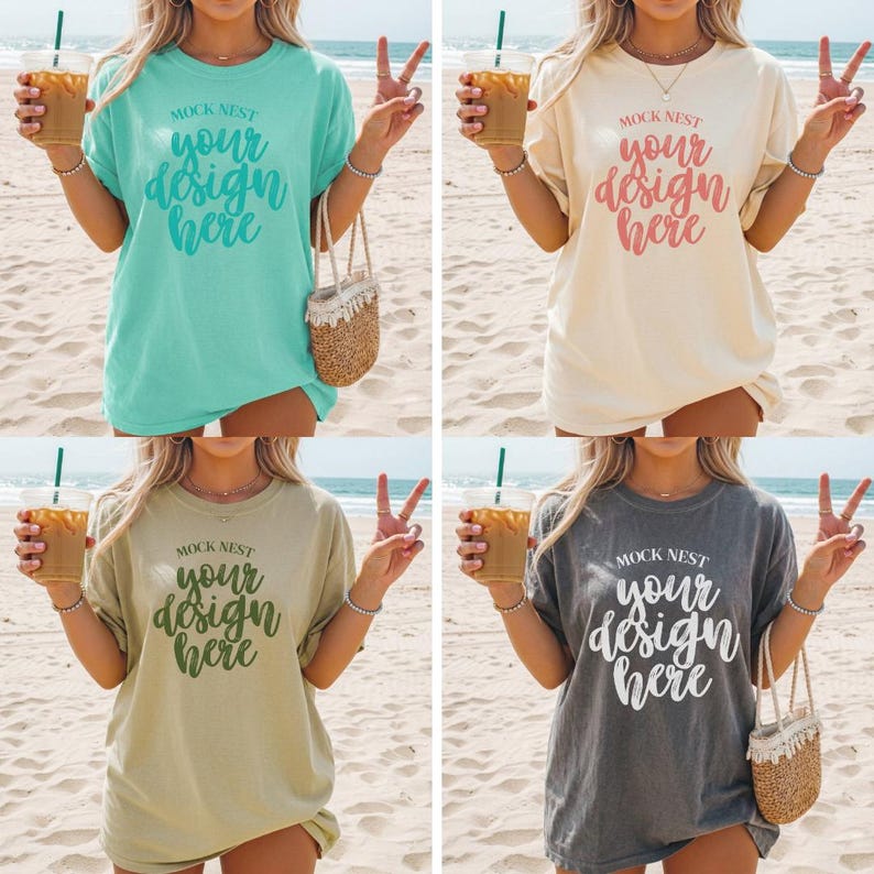 May include: Four t-shirts in different colors: teal, cream, olive green, and charcoal gray. Each shirt has the text "MOCK NEST your design here" in a script font. The shirts are worn on a beach setting.