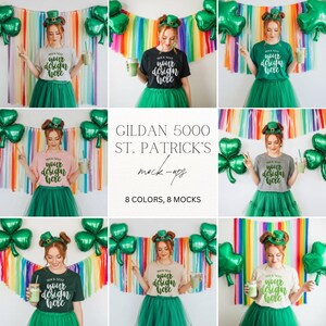 Puede incluir: Ocho maquetas del Día de San Patricio muestran a mujeres con camisetas de diferentes colores con el texto "your design here". Cada mujer lleva un tutú verde y un sombrero de duende. También se ven globos verdes con forma de trébol y un fondo de arcoíris.