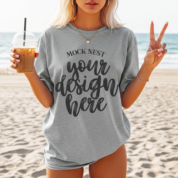 Sport Grey Gildan 5000 Mockup T-shirt Mockup Summer Mocks Model Mockup Gildan 5000 Sport Gray Shirt Mockup Beach Mocks Trendy