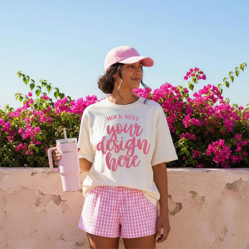 May include: A light-colored t-shirt with the text "MOCK NEST your design here" in pink script. The person is wearing a pink baseball cap and pink and white checkered shorts. A pink tumbler with a straw is held in the hand.