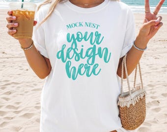 White C1717 Mockup Comfort Colors T-shirt Mock Summer Mocks Beach Mock-up