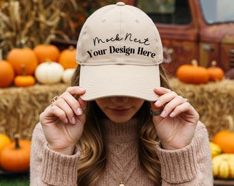 Stone Hat Mockup Autumn Dad Hat Mocks Yupoong 6245CM Stone Halloween Mockup Dad Cap Mock Spooky Trucker Hats Mockup for Fall Lovers