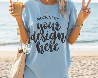 Light Blue Gildan 5000 Mockup Light Blue T-shirt Mockup Summer Mocks Model Mockup Gildan 5000 Light Blue Shirt Mockup Beach Mocks Trendy