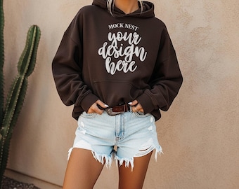 Maqueta de sudadera con capucha Gildan 18500 de color chocolate oscuro G18500, maqueta de sudadera con capucha vaquera bohemia de chica limpia.