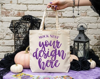 Natural Tote Witchy Mockup Tote Bag Mockup Spooky Fall Bag Mocks Natural Bag Mock Halloween Mock Occult Aesthetic Tote Mock Pumpkins
