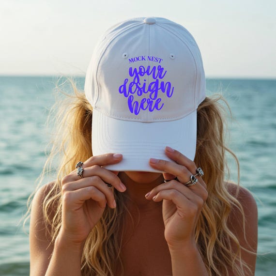 White Hat Mockup White Dad Hat Mocks Baseball Cap Female Mockup Dad Hat Mockup Female Hat Summer Mockup Beach Mock Ocean Boho