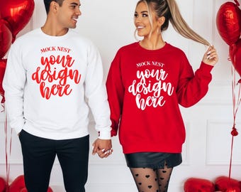 Red G18000 Valentine's Couple Mockup White Gildan 18000 Sweatshirt Mock Boyfriend and Girlfriend V-Day Mockup Dating Mocks Coquette