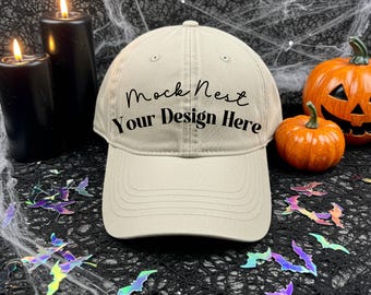 Stone Hat Halloween Mockup Autumn Dad Hat Mocks Yupoong 6245CM Stone Mockup Dad Cap Mock Spooky Trucker Hats Mockup for Fall Lovers