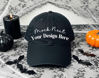 Black Hat Halloween Mockup Autumn Dad Hat Mocks Yupoong 6245CM Black Mockup Dad Cap Mock Spooky Trucker Hats Mockup for Fall Lovers